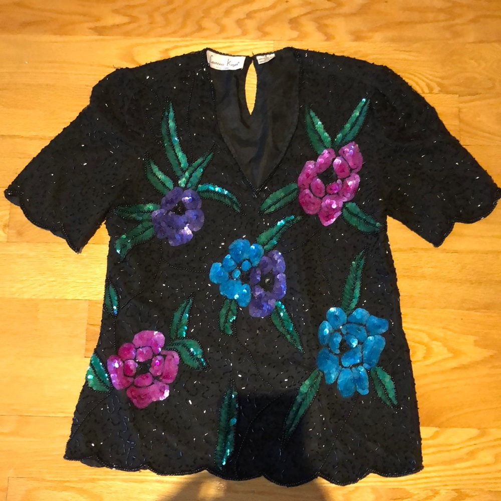 Laurence Kazar New York silk blouse with art deco beads and sequins